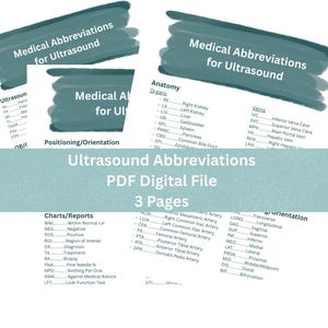 Può includere: Un file PDF digitale di tre pagine con abbreviazioni mediche per ecografia. Il documento include elenchi di anatomia, organi, vene e termini di posizionamento/orientamento, utili per i professionisti medici.
