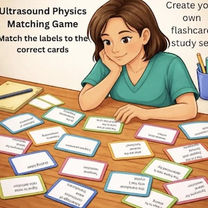 May include: An educational Ultrasound Physics Matching Game featuring a set of rectangular cards with text on them. The cards contain various physics questions and terms. The text on the cards includes phrases like 'Grating lobes', 'Temporal resolution', and 'Signal to noise ratio definition'.