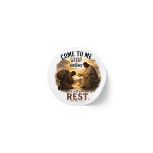 May include: A circular sticker featuring an illustration of a person kneeling with a heavy sack, reaching toward a figure in robes. The text reads: COME TO ME ALL YOU WHO ARE WEARY AND BURDENED AND I WILL GIVE YOU REST. MATTHEW 11:28.