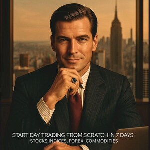 May include: Image of a man in a suit with the text "FROM BEGINNER TO WINNER" at the top. The text "START DAY TRADING FROM SCRATCH IN 7 DAYS STOCKS, INDICES, FOREX, COMMODITIES" is below the man. The text "SWEEP & CONFIRM" is in the middle.