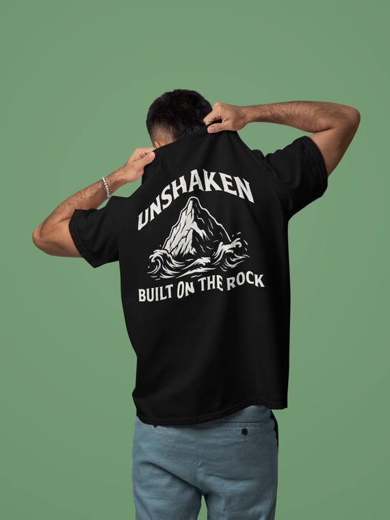 Christian Comfort Colors T-Shirt | Unshaken Built on the Rock - Matthew 7:24-25 | Scripture Faith Tee | Unisex