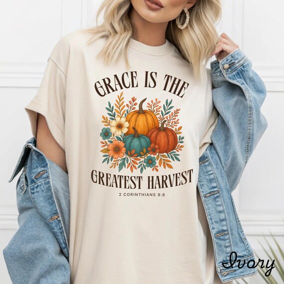 Grace Is the Greatest Harvest T-Shirt | 2 Corinthians 9:8, Fall Pumpkins and Flowers, Boho Christian Tee, Comfort Colors 1717