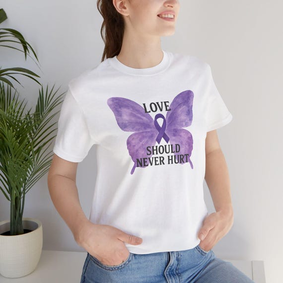 Domestic Violence Awareness Bella Canvas 3001 Tee, ' Love Should Never Hurt' with Purple Butterfly & Ribbon