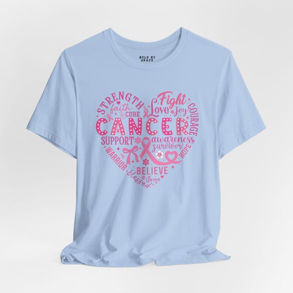 Breast Cancer Awareness Bella Canvas 3001 Tee | Pink Word Art Heart Support Ribbon Design