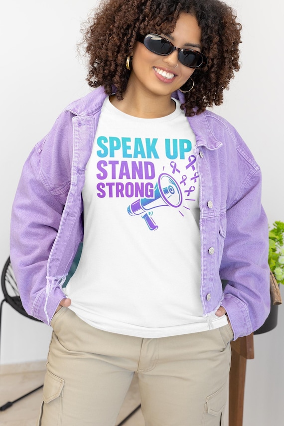 Speak Up Stand Strong T-Shirt | Suicide Awareness Bella Canvas 3001 Tee, Mental Health Support Shirt with Megaphone and Ribbons