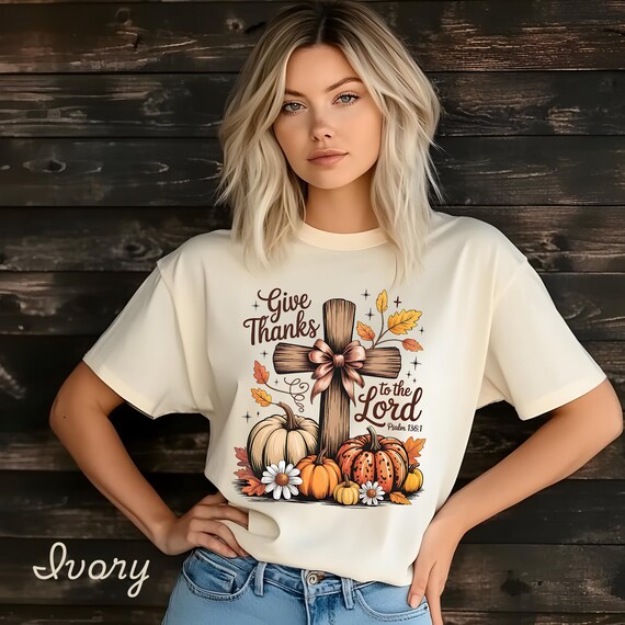 Give Thanks to the Lord - Psalm 136:1 | Fall Christian Graphic Tee with Cross, Pumpkins, Sunflowers & Leaves | Comfort Colors T-Shirt