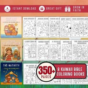 May include: A collection of 8 kawaii Bible coloring books with 350+ pages. The covers feature illustrations of Noah's Ark, Esther, and the Nativity. The coloring books are designed for faith and fun.