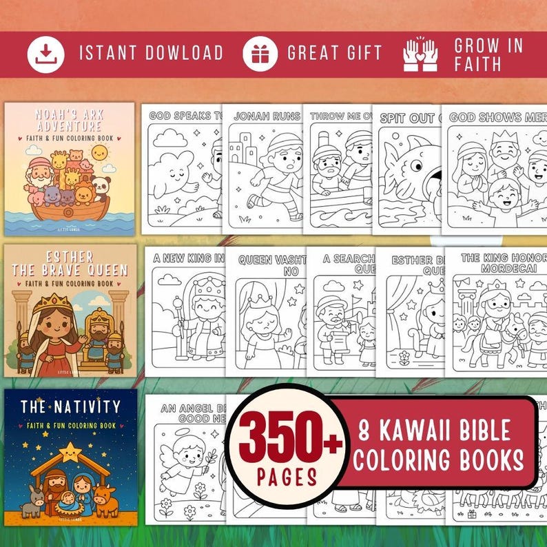 May include: A collection of 8 kawaii Bible coloring books with 350+ pages. The covers feature illustrations of Noah's Ark, Esther, and the Nativity. The coloring books are designed for faith and fun.