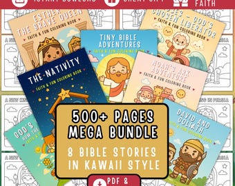 Libro para colorear de historias bíblicas kawaii – Mega paquete (PDF + JPG)