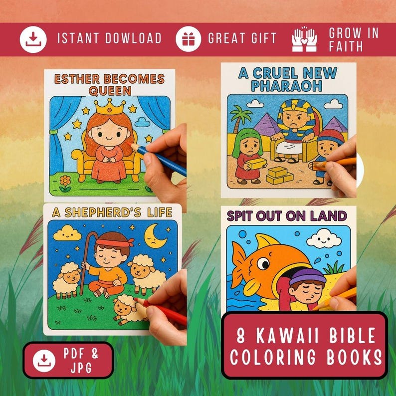 May include: Image of four Kawaii Bible coloring books with titles like "Esther Becomes Queen" and "A Cruel New Pharaoh." The image includes text that says "Instant Download," "Great Gift," and "Grow in Faith." The bottom right corner says "8 Kawaii Bible Coloring Books."