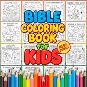 May include: A Bible coloring book for kids with various illustrations, including Noah's Ark and the Nativity. The cover features the text "Bible Coloring Book for Kids" in bold, colorful letters. A set of colored pencils is at the bottom.