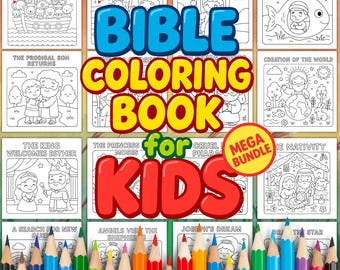 May include: A Bible coloring book for kids with various illustrations, including Noah's Ark and the Nativity. The cover features the text "Bible Coloring Book for Kids" in bold, colorful letters. A set of colored pencils is at the bottom.