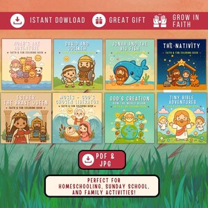 May include: A collection of eight colorful children's coloring books with titles like "Noah's Ark Adventure" and "David and Goliath." Each book features cartoon illustrations and the text "Faith & Fun Coloring Book." The image also includes the text "Instant Download" and "Great Gift."