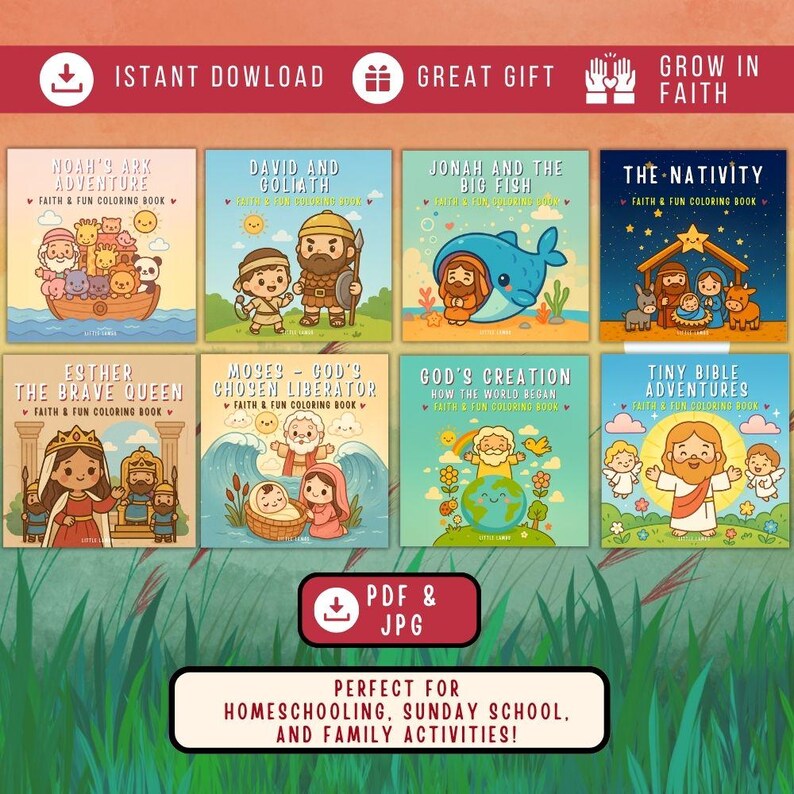 May include: A collection of eight colorful children's coloring books with titles like "Noah's Ark Adventure" and "David and Goliath." Each book features cartoon illustrations and the text "Faith & Fun Coloring Book." The image also includes the text "Instant Download" and "Great Gift."