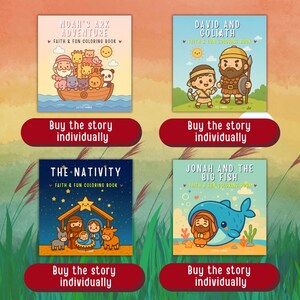 May include: Four colorful children's coloring books with religious themes. Titles include "Noah's Ark Adventure," "David and Goliath," "The Nativity," and "Jonah and the Big Fish." Each book features illustrations and the text "Faith & Fun Coloring Book."