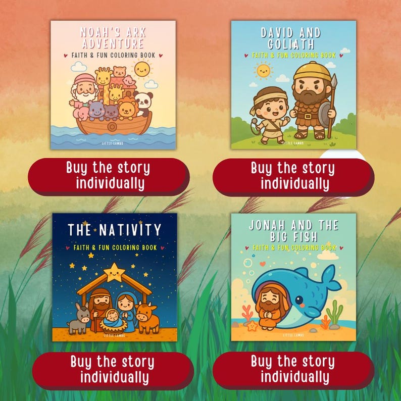 May include: Four colorful children's coloring books with religious themes. Titles include "Noah's Ark Adventure," "David and Goliath," "The Nativity," and "Jonah and the Big Fish." Each book features illustrations and the text "Faith & Fun Coloring Book."