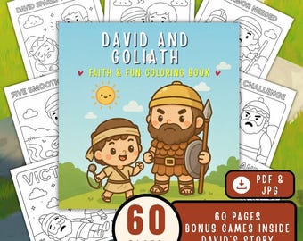 David and Goliath Bible Coloring Book - Kawaii Christian Printable PDF + JPG - Kids Homeschool & Sunday School Activity