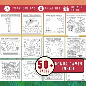 May include: A collection of printable coloring pages and games with religious themes. The pages feature line drawings of animals, Bible stories, and inspirational quotes. The image includes the text "50+ BONUS GAMES INSIDE" and "GROW IN FAITH".