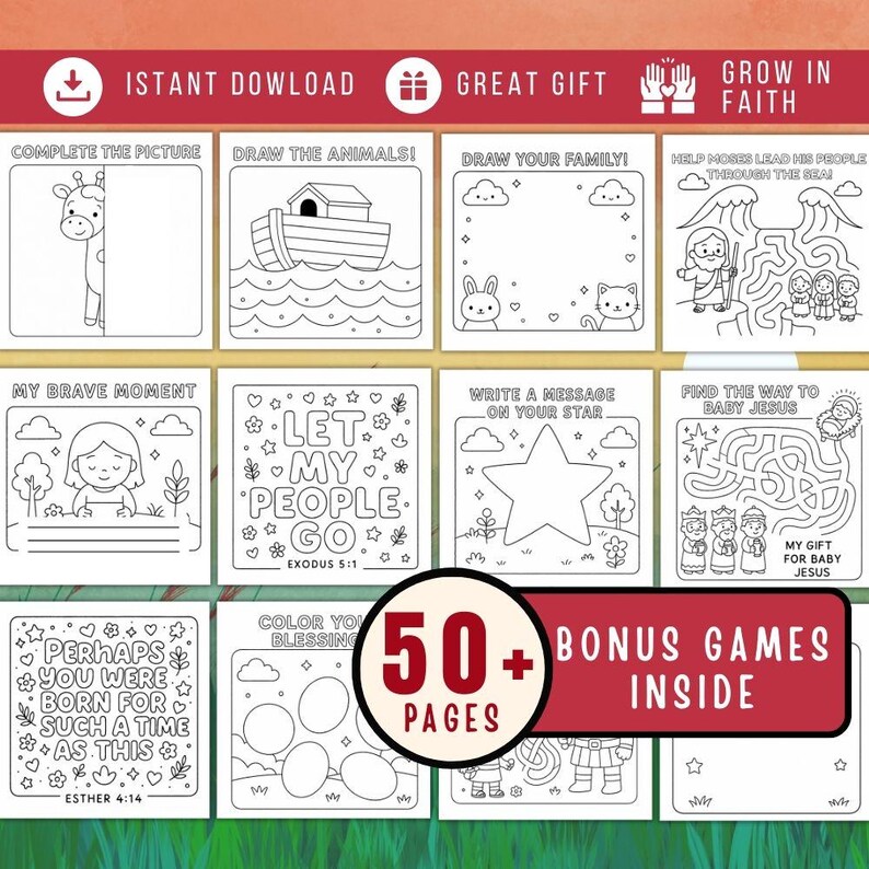 May include: A collection of printable coloring pages and games with religious themes. The pages feature line drawings of animals, Bible stories, and inspirational quotes. The image includes the text "50+ BONUS GAMES INSIDE" and "GROW IN FAITH".