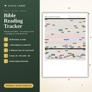Op de afbeelding: Een wit, printbaar Bijbellees-trackerblad met een raster voor 66 boeken en 1.189 hoofdstukken. Het document bevat secties voor het Oude en Nieuwe Testament, voorzien van gekleurde, rechthoekige labels voor elke boektitel.