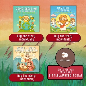 May include: A promotional image featuring three children's coloring books with the titles "God's Creation", "Tiny Bible Adventures", and "Moses - God's Chosen Liberator". Each book cover has colorful illustrations and the text "Faith & Fun Coloring Book".