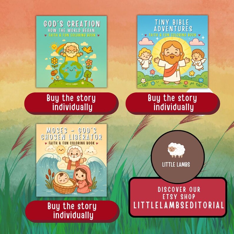 May include: A promotional image featuring three children's coloring books with the titles "God's Creation", "Tiny Bible Adventures", and "Moses - God's Chosen Liberator". Each book cover has colorful illustrations and the text "Faith & Fun Coloring Book".