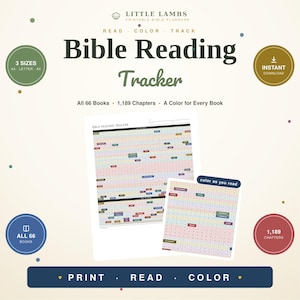 May include: A printable Bible Reading Tracker featuring the text Little Lambs, Bible Reading Tracker, Read Color Track, All 66 Books, 1,189 Chapters, A Color for Every Book, and Print Read Color. The design includes two grid charts with coloured boxes.