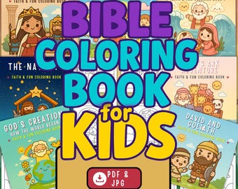 May include: A collection of colorful Bible coloring books for kids, featuring titles like "Esther the Brave Queen" and "David and Goliath." The image includes the text "Bible Coloring Book for Kids" and a download button for PDF and JPG formats.
