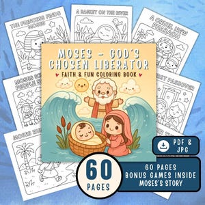 Op de afbeelding: Een kleurboek voor kinderen getiteld "Moses - God's Chosen Liberator" met illustraties van Mozes, een baby in een mand en andere bijbelse scènes. De omslag toont "Faith & Fun Coloring Book" en "60 Pages".
