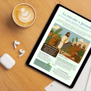 May include: A digital tablet displays a colorful illustration of Jesus entering Jerusalem on a donkey, surrounded by people. The text in Spanish describes the event, with explanations of 'Hosanna' and the significance of palm branches.
