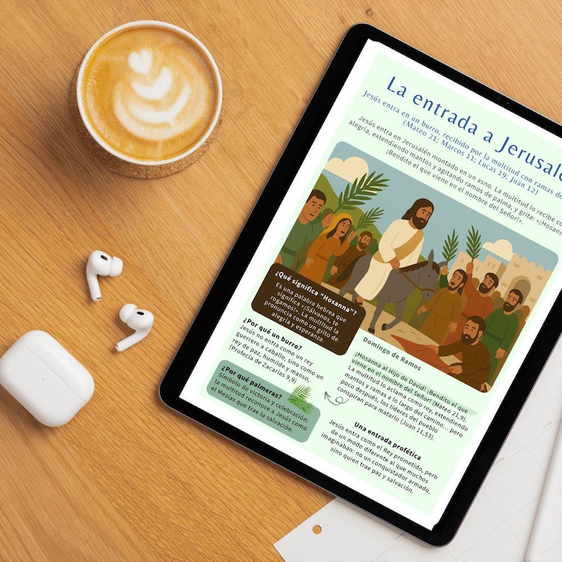 May include: A digital tablet displays a colorful illustration of Jesus entering Jerusalem on a donkey, surrounded by people. The text in Spanish describes the event, with explanations of 'Hosanna' and the significance of palm branches.