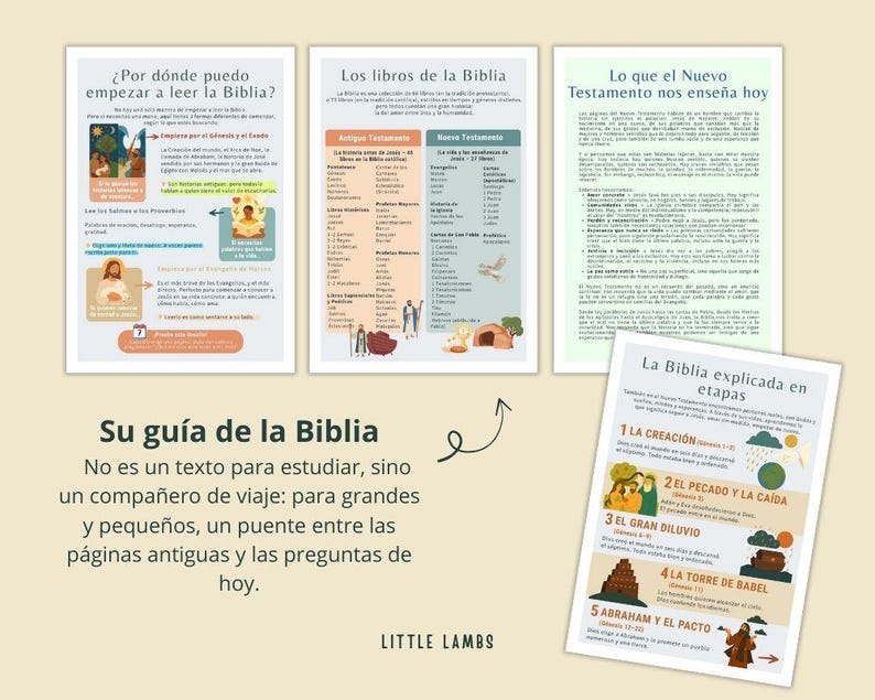 May include: A collection of educational Bible study guides. The guides include titles such as "Where do I start reading the Bible?" and "The books of the Bible." The guides are illustrated with colorful graphics and text.