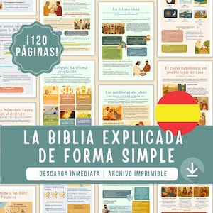 Könnte beinhalten: Eine Sammlung illustrierter Seiten aus einem spanischen Bibelstudienführer. Die Seiten zeigen farbenfrohe Illustrationen und Text, mit dem Titel "LA BIBLIA EXPLICADA DE FORMA SIMPLE" und dem Text "120 PÁGINAS!"