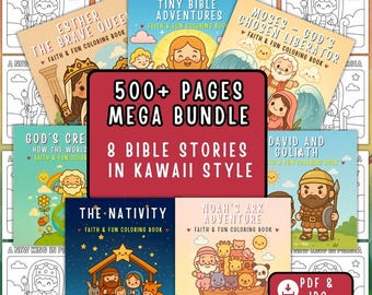 May include: A collection of eight Kawaii-style Bible story coloring books, including "Esther the Brave Queen" and "Noah's Ark Adventure." The bundle includes over 500 pages of coloring fun. The books are available in PDF and JPG formats.