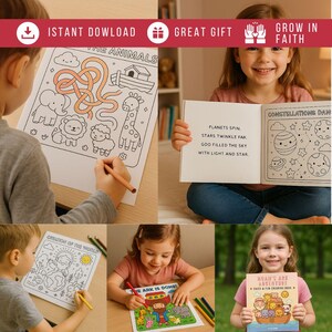 May include: A collection of children's coloring books and pages. One page features a maze with animals, another has a Bible verse, and others depict scenes from the Bible. The phrase "Instant Download" is visible.