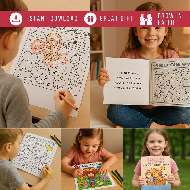 May include: A collection of children's coloring books and pages. One page features a maze with animals, another has a Bible verse, and others depict scenes from the Bible. The phrase "Instant Download" is visible.