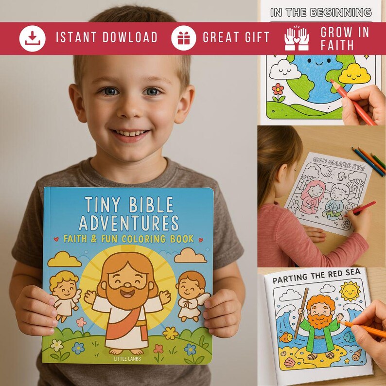 May include: A child holds a "Tiny Bible Adventures" coloring book with a blue cover. The cover features a cartoon Jesus and angels. The book is labeled "Faith & Fun Coloring Book." Additional images show coloring pages with the text "In the Beginning" and "Parting the Red Sea."