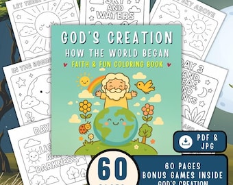 Creation Coloring Book - God Made the World - Kawaii Christian Printable PDF + JPG - Kids Homeschool & Sunday School Activity