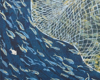 May include: A blue and white abstract painting depicting a net full of fish. The net is made of white string and the fish are painted in shades of blue and white.