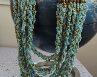Vintage Southwestern Aqua and Gold Multi-Strand Seed Bead Necklace - Boho Statement Jewelry Gift