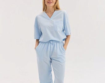 Light Blue Scrubs Set | Women's Medical Uniform |Nurse Dentist Vet Outfit | Beauty Professionals Workwear