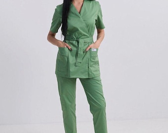 Green Scrub Set for Women | Classic Medical Uniform | Elegant Nurse Scrubs Top & Pants | Nursing Outfit | Beauty Professionals Workwear