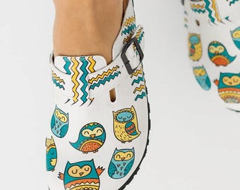 Women’s Orthopedic Medical Clogs, Nurse Slippers, Owl Print Design, Comfortable Work Shoes for Healthcare Beauty
