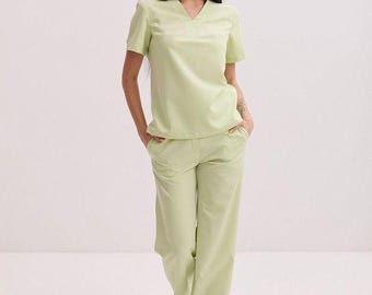 Lime Scrub Set for Women | Classic Medical Uniform | Elegant Nurse Scrubs Top & Pants | Nursing Outfit | Beauty Professionals Workwear