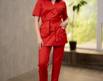 Red Scrub Set for Women | Classic Medical Uniform | Elegant Nurse Scrubs Top & Pants | Nursing Outfit | Hospital Workwear
