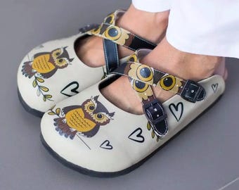 Women’s Orthopedic Medical Clogs, Nurse Slippers, Owl Print Design, Comfortable Work Shoes for Healthcare Beauty