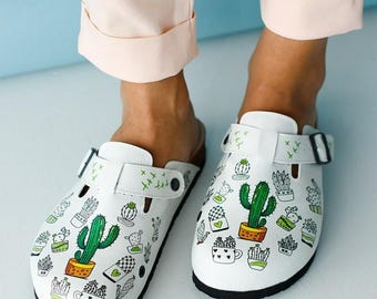 Women’s Orthopedic Medical Clogs, Nurse Slippers, Cactus Design, Comfortable Professional Work Shoes for Healthcare Beauty