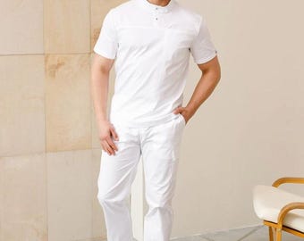 Men’s Medical Scrubs Set, Modern Fit Top & Pants, Comfortable Breathable Uniform for Doctors, Nurses, Healthcare