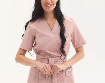 Women’s Kyoto Wrap Scrub Top, Short Sleeve Medical Shirt, Tie Closure, Nursing Uniform, Healthcare Workwear