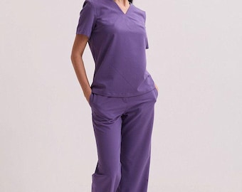 Purple Scrub Set for Women | Classic Medical Uniform | Elegant Nurse Scrubs Top & Pants | Nursing Outfit | Beauty Professionals Workwear